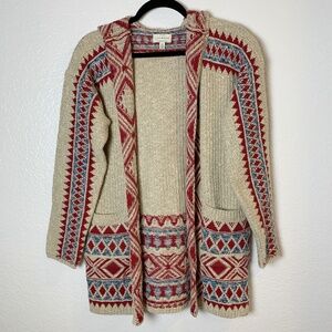 Lucky Brand Aztec Tribal Open Front Hooded Cardigan Size Small Pockets Boho